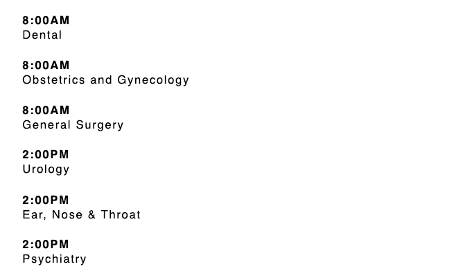 Specialists Clinics for Tuesdays